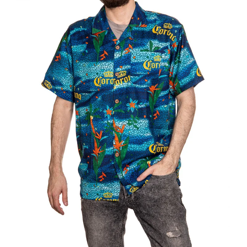 Corona Extra Message in a Bottle Floral Mosaic Hawaiian Button Up Shirt