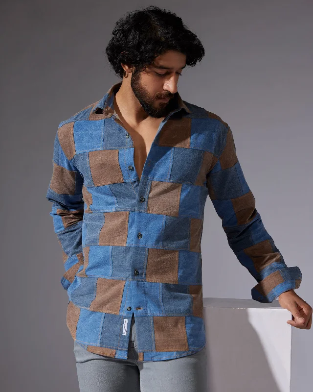 Japanese Patchwork Denim Shirt - Brown & Blue