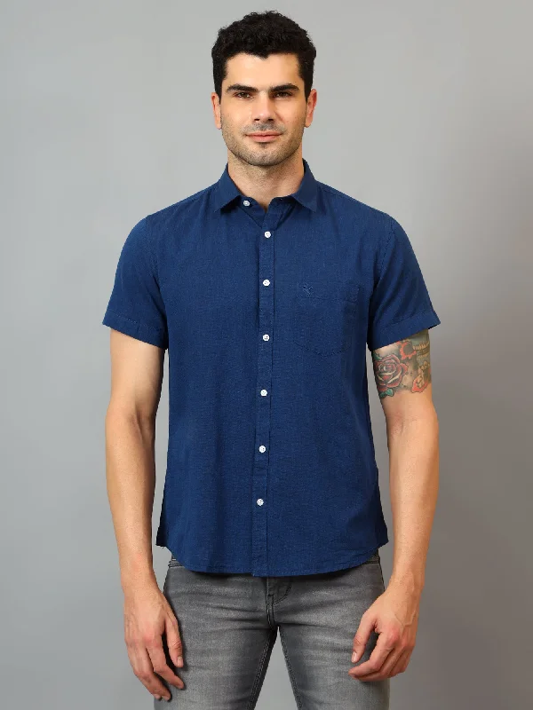 Men's Navy Blue Casual Plain Half sleeve Shirt