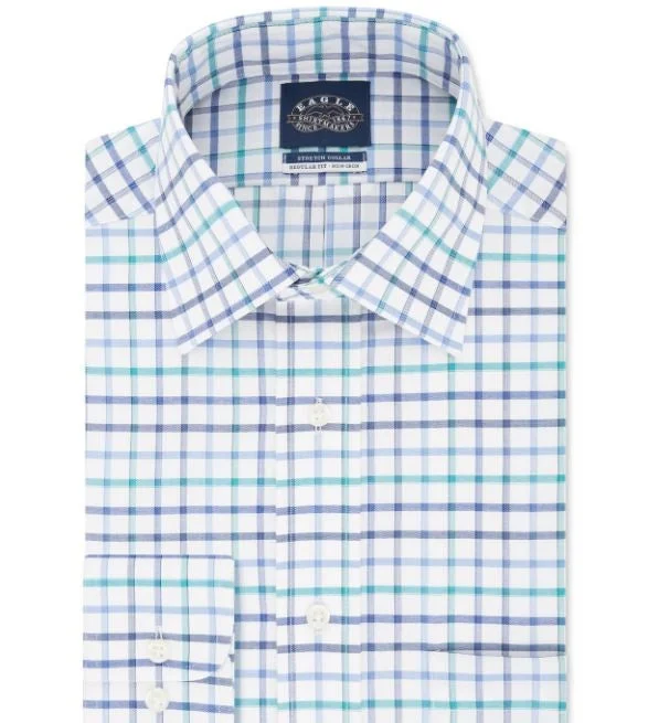 Eagle Men's Windowpane Plaid Collared Classic Fit Stretch Dress Shirt Blue