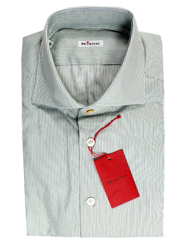 Kiton Dress Shirt White Green Navy Stripes 38 - 15