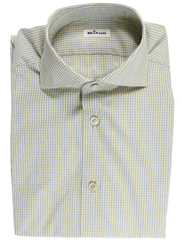 Kiton Dress Shirt White Lime Navy Check Spread Collar 39 - 15 1/2 SALE