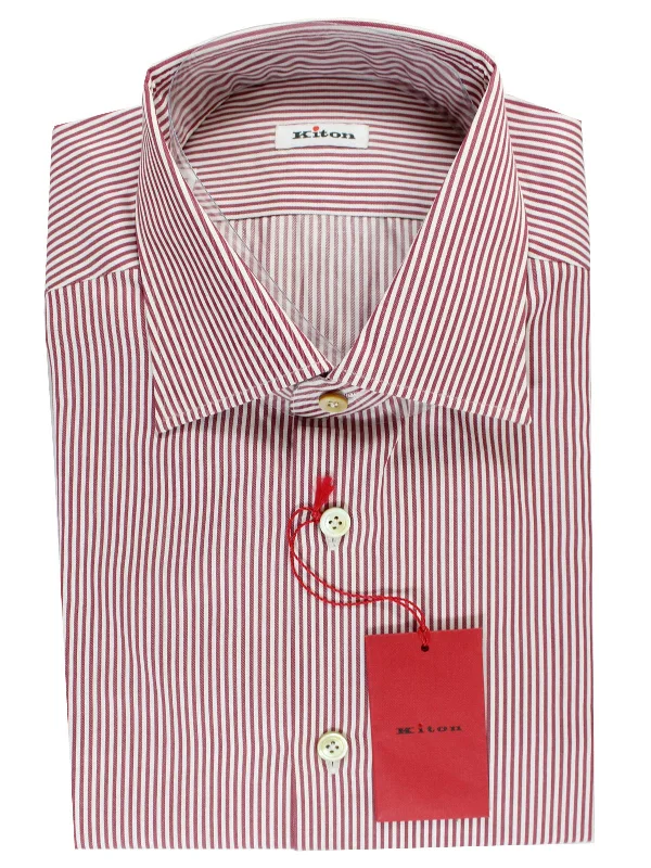 Kiton Dress Shirt White Maroon Stripes Design 43 - 17