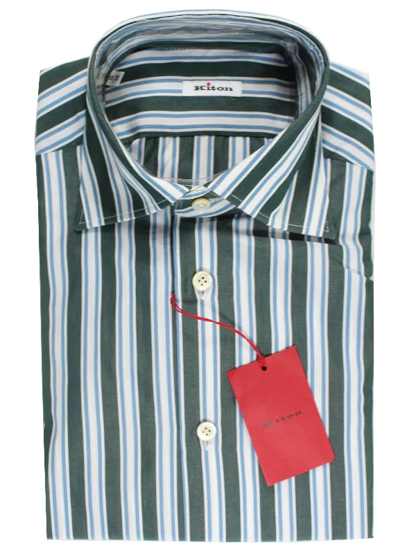 Kiton Shirt White Gray Blue Stripes Sartorial 40 - 15 3/4 SALE