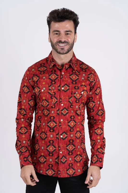 Cotton Aztec Print Dress Shirt - Burgundy