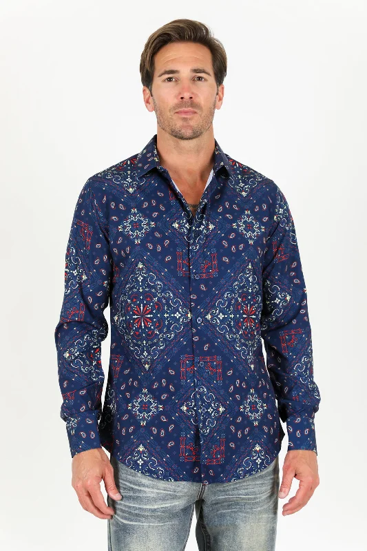 Men's Printed Navy Satin LS Shirt