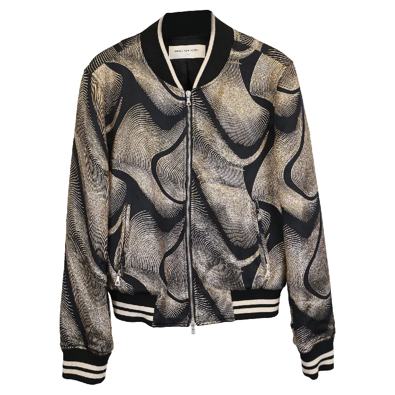 Dries Van Noten Metallic Detail Jacquard Bomber Jacket in Black and Gold Viscose