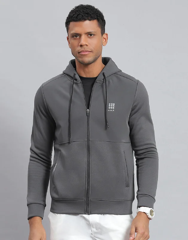 Men Grey Solid Hooded Full Sleeve Sweatshirt