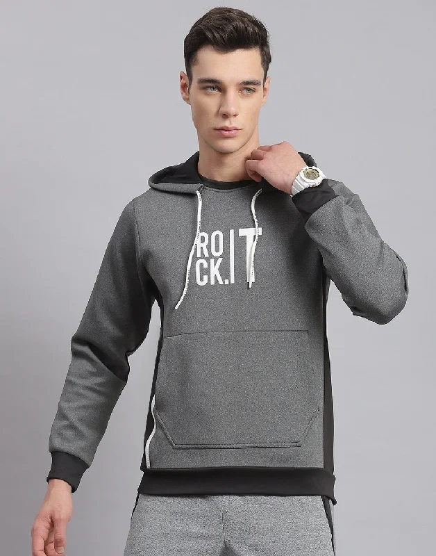 Men Grey Solid Hooded Full Sleeve Sweatshirt