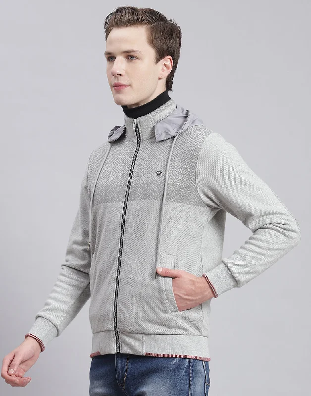 Men Grey Solid Hooded Full Sleeve Sweatshirt