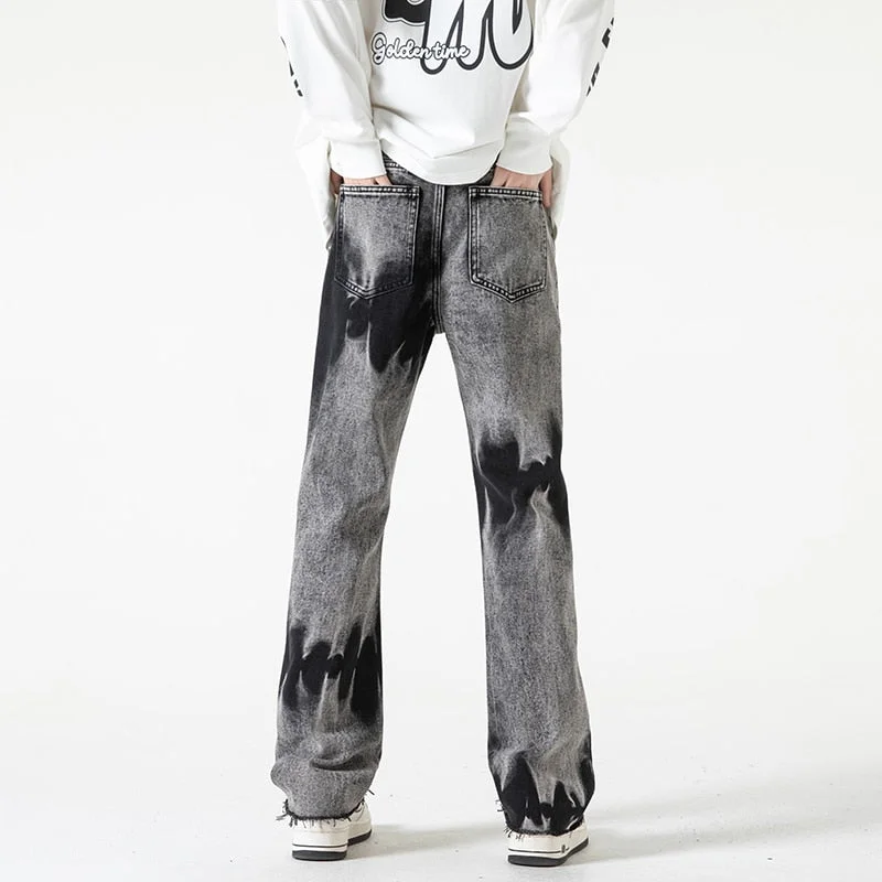 Casual High Street Style Denim Tie Dyed Burr Edge Skinny Pants for Men