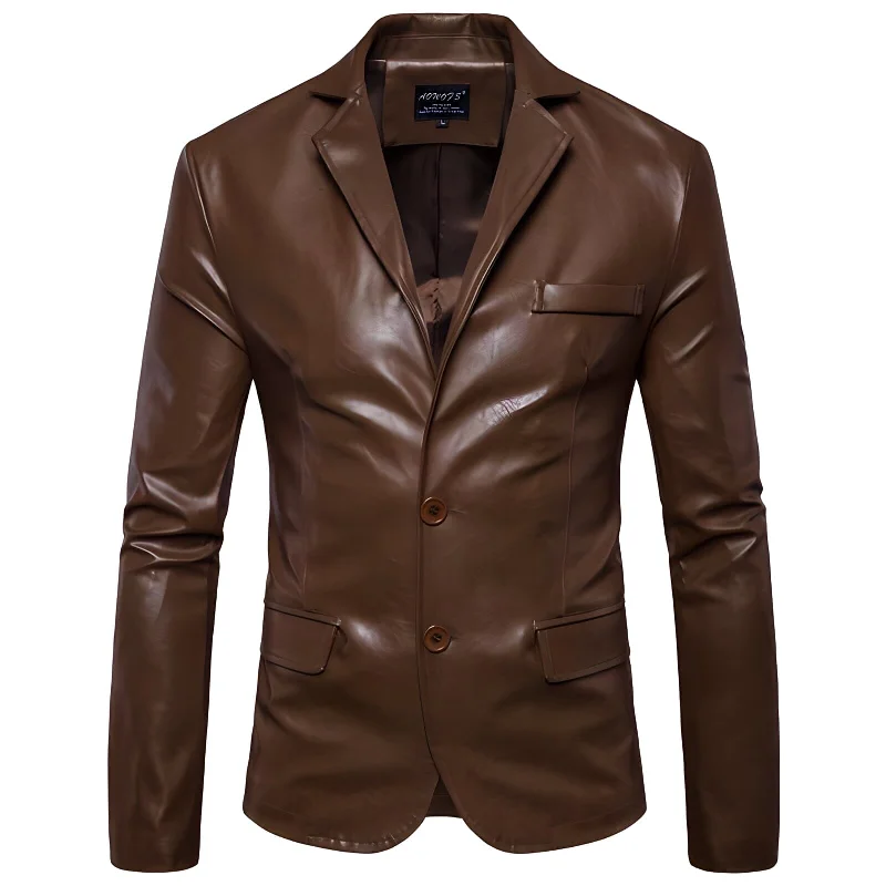 The Constantine Slim Fit Faux Leather Blazer Suit Jacket - Coffee