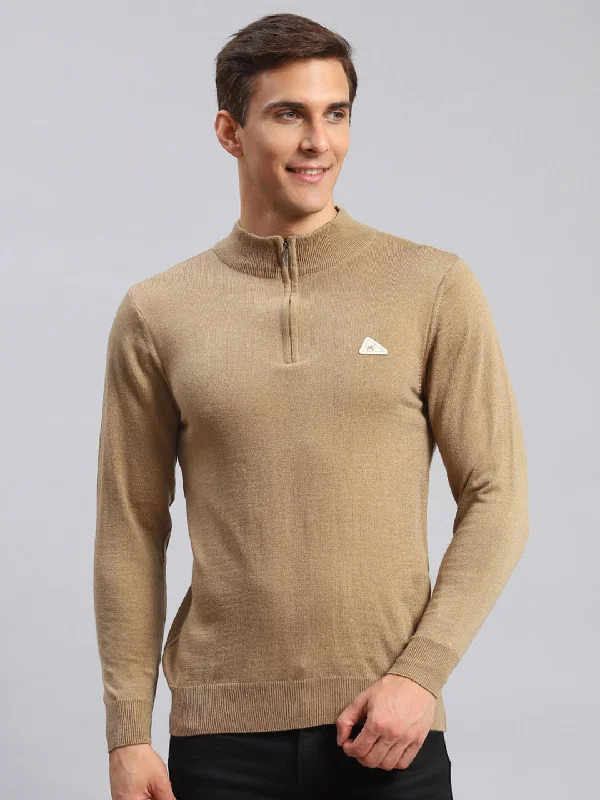 Men Beige Solid Wool blend Pullover