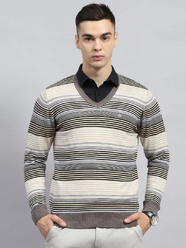 Men Beige Stripe V Neck Full Sleeve Pullover