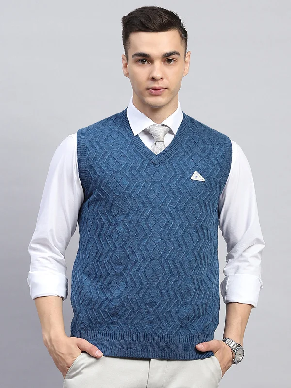 Men Blue Self Design V Neck Sleeveless Sweater