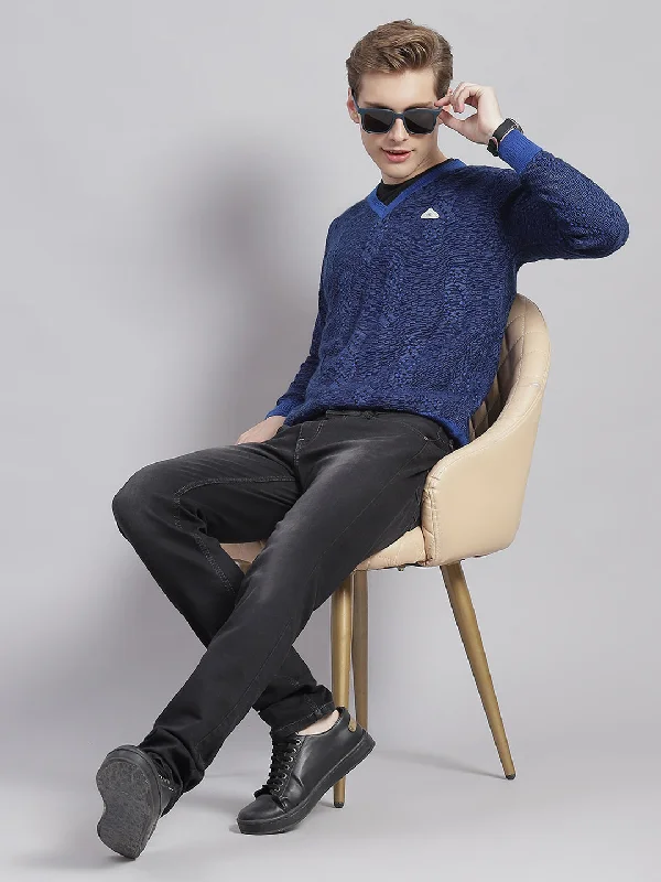 Men Blue Self Design V Neck Full Sleeve Sweaters/Pullovers