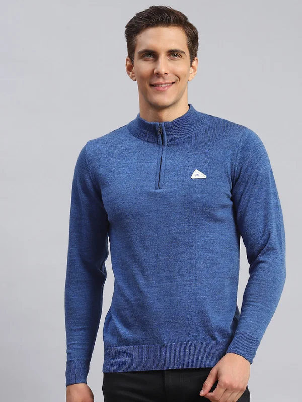 Men Blue Solid Wool blend Pullover