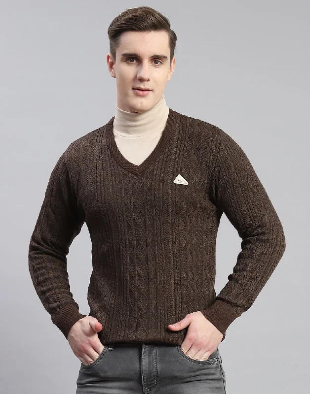 Men Brown Self Design V Neck Full Sleeve Pullover