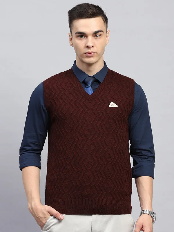 Men Maroon Self Design V Neck Sleeveless Sweater