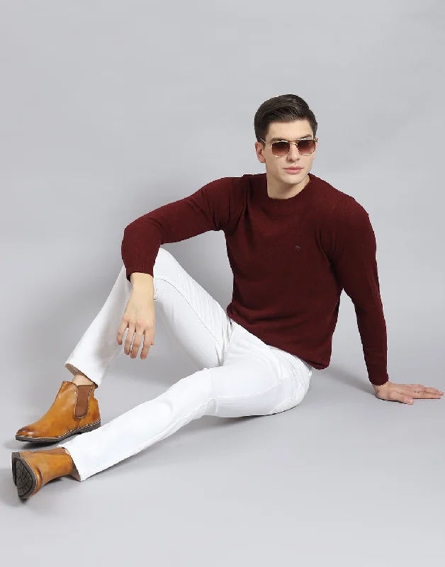 Men Maroon Solid Round Neck Full Sleeve Sweater