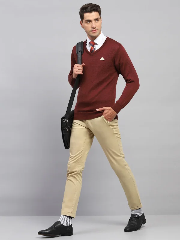 Men Maroon Solid V Neck Full Sleeve Pullover