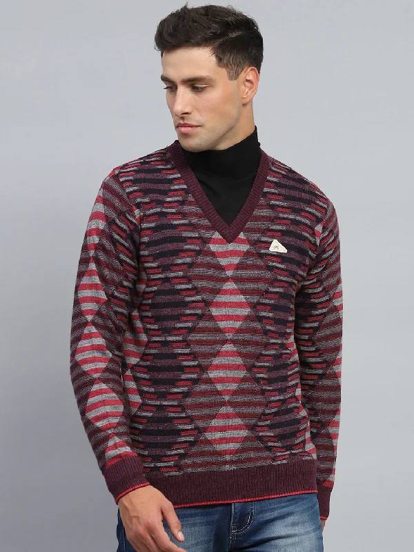 Men Maroon Stripe V Neck Full Sleeve Pullover