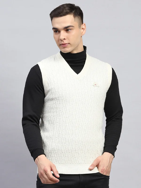 Men Off White Self Design V Neck Sleeveless Sweater