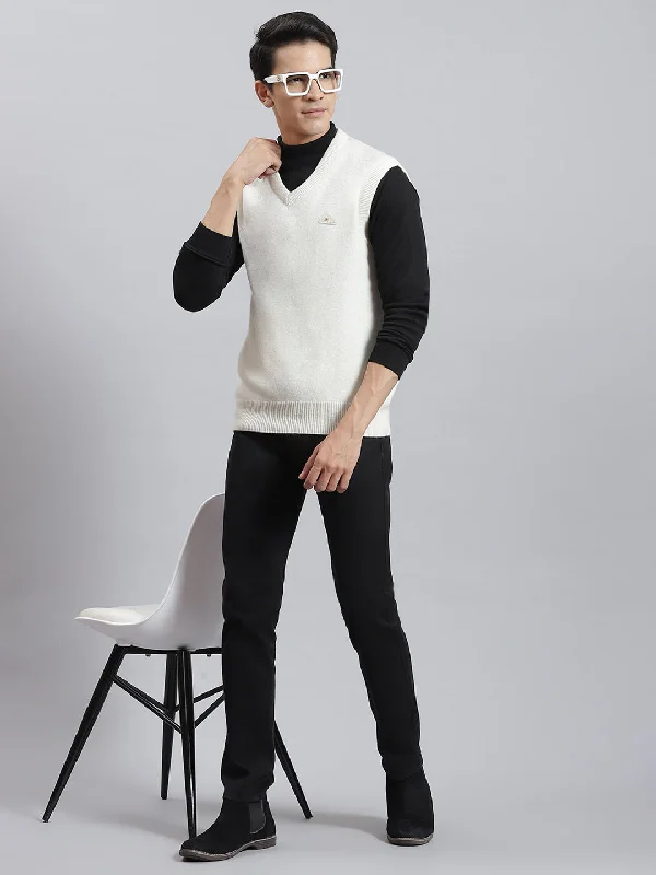 Men Off White Solid V Neck Sleeveless Sweaters/Pullovers