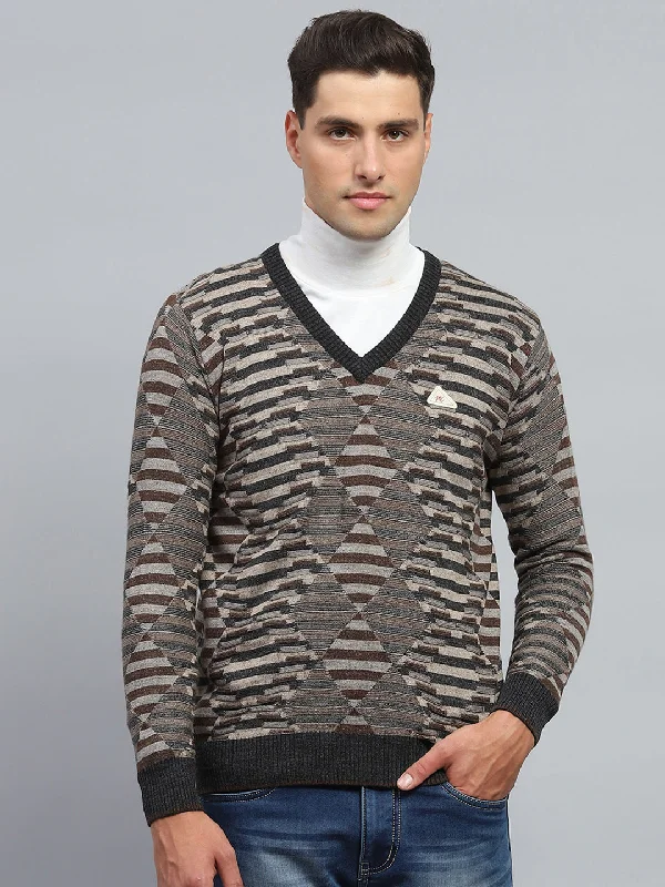 Men Olive Stripe V Neck Full Sleeve Pullover