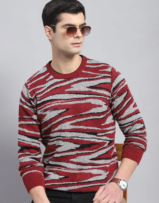 Men Red Self Design Round Neck Full Sleeve Pullover