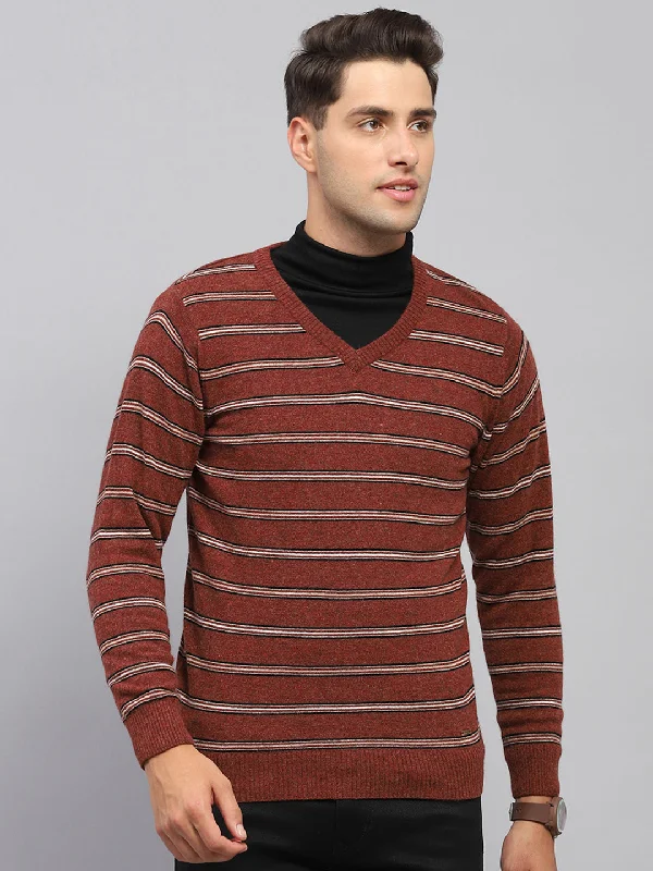 Men Rust Stripe V Neck Full Sleeve Pullover