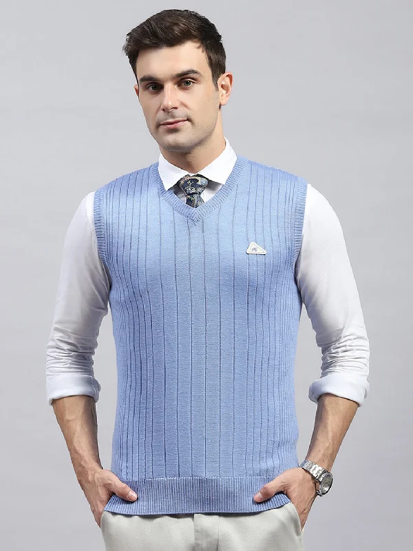 Men Sky Blue Solid V Neck Sleeveless Sweater