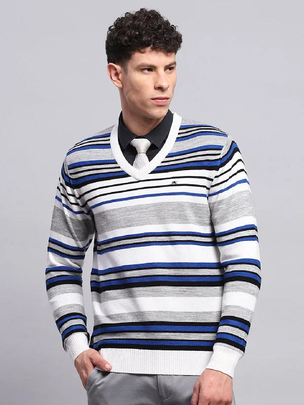 Men White & Blue Stripe V Neck Full Sleeve Pullover