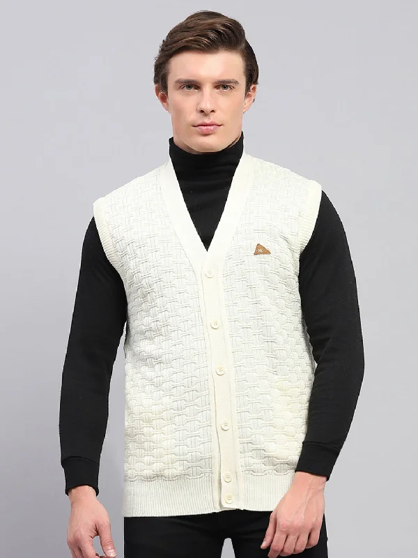 Men White Self Design V Neck Sleeveless Cardigan