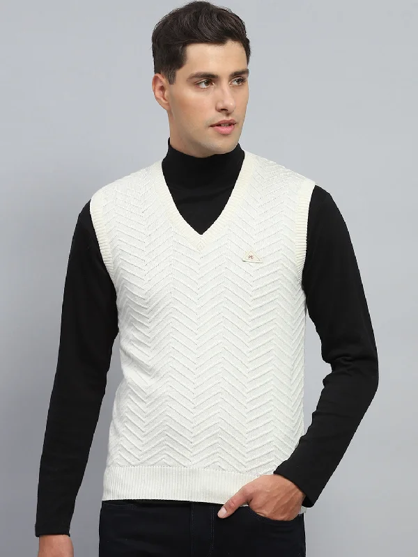 Men White Self Design V Neck Sleeveless Sweater