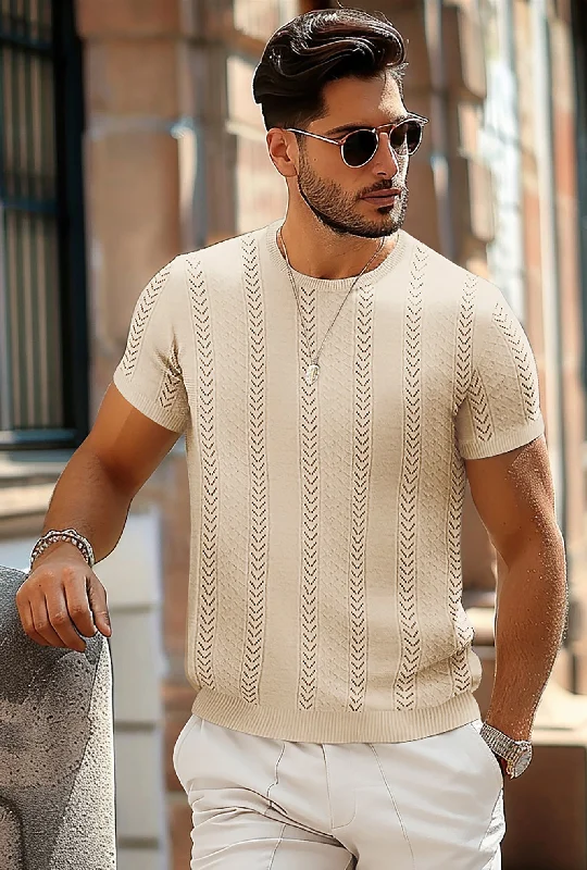 Men's Casual Knit Short Sleeve Crewneck Hollow Out Knitted Pullover T-Shirts