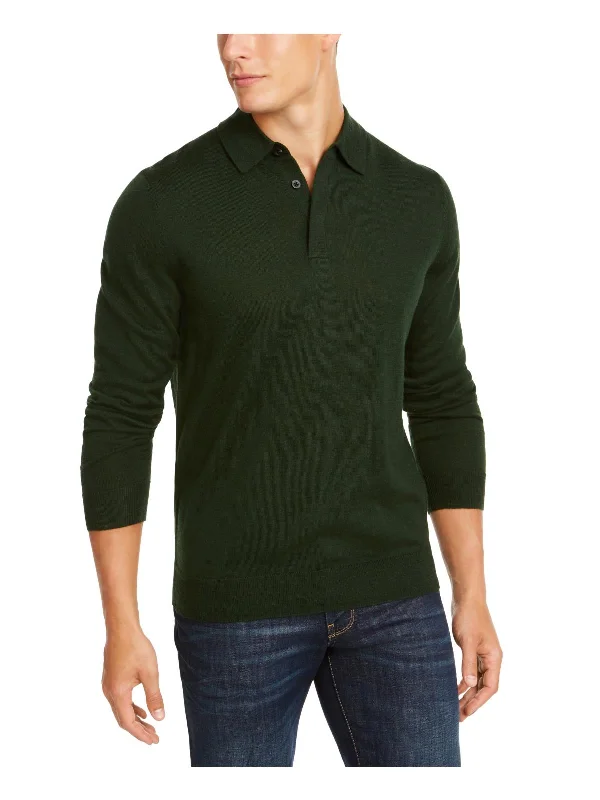 Mens Merino Wool Blend Polo Pullover Sweater