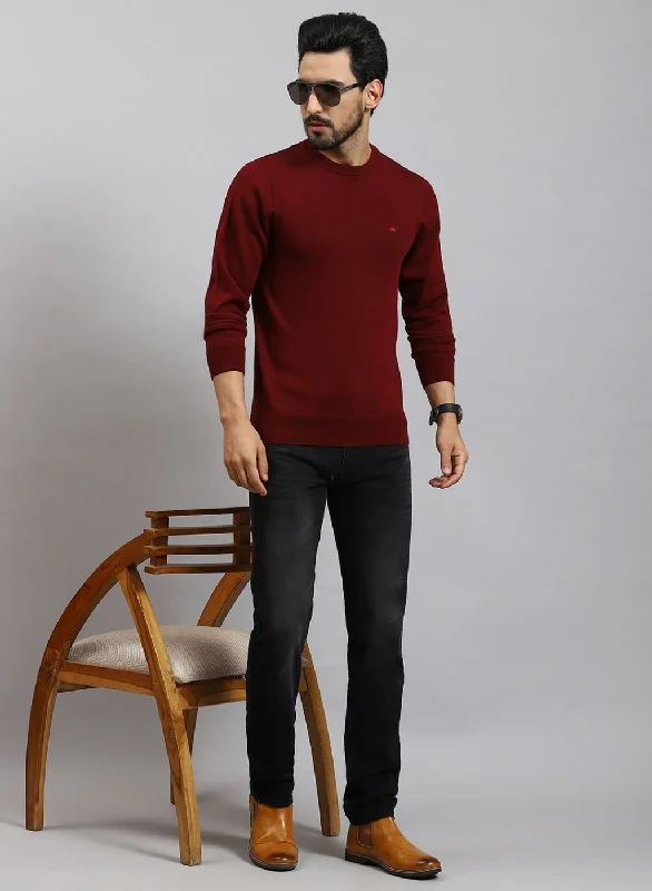 Men Maroon Solid Pure wool Pullover