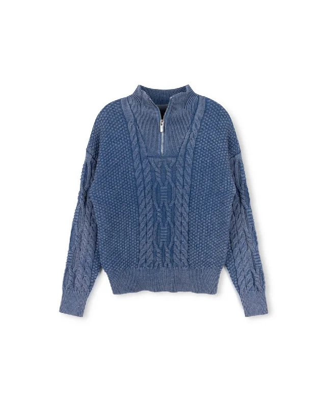 Vibe Blue Textured Knit Wash Half Zip Sweater